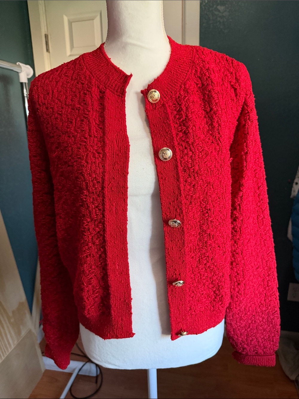 H&M Red Textured Knit Blazer Jacket with Gold Buttons
